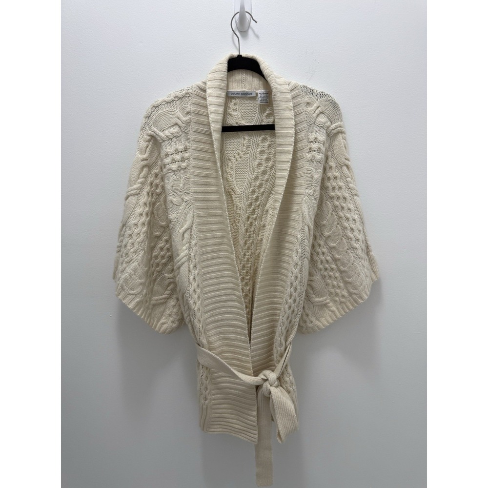 Autumn Cashmere Cable Knit Belted Cardigan Sweater Cashmere Merino Ivory L Shawl